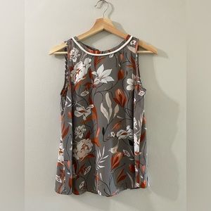 Ann Taylor LOFT outlet grey and orange floral sleeveless blouse with back tie